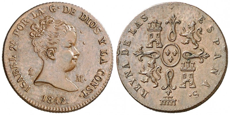 1842. Isabel II. Segovia. 1 maravedí. (AC. 35). 1,36 g. Golpecito. Bella. Escasa...