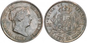 1864. Isabel II. Barcelona. 25 céntimos de real. (AC. 182). 9,51 g. Leves rayitas. Escasa. MBC-/MBC.