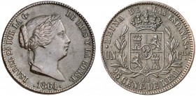 1864. Isabel II. Barcelona. 25 céntimos de real. (AC. 182). 9,37 g. Ex Áureo & Calicó 28/04/2011, nº 2878. Escasa. MBC+.