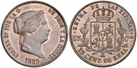 1859. Isabel II. Segovia. 25 céntimos de real. (AC. 192). 9,36 g. Mínima rayita. Bella. EBC+.