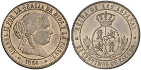 1866. Isabel II. Barcelona. 2 1/2 céntimos de escudo. (AC. 230). 6,20 g. Sin OM. Bella. Brillo original. Ex Áureo & Calicó Selección 2012, nº 347. Esc...