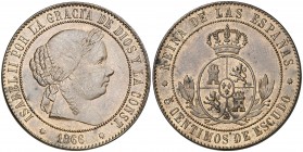 1866. Isabel II. Barcelona. 5 céntimos de escudo. (AC. 244). 12,50 g. Sin OM. Bella. Ex Áureo & Calicó Selección 2012, nº 351. Escasa. EBC-/EBC.