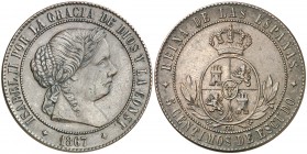 1867. Isabel II. Jubia. OM. 5 céntimos de escudo. (AC. 248). 12,30 g. Escasa. MBC+.