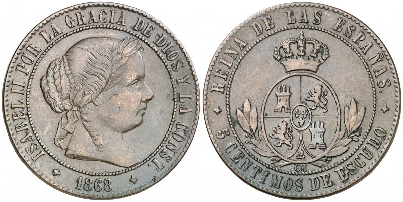 1868. Isabel II. Jubia. OM. 5 céntimos de escudo. (AC. 249). 12,01 g. MBC.