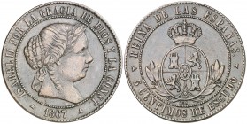 1867. Isabel II. Segovia. 5 céntimos de escudo. (AC. 259). 12,55 g. MBC.