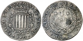 1836. Isabel II. Barcelona. PS. 1 peseta. (AC. 271). 5,17 g. Canto estriado. Oxidaciones. Rara. (MBC-).