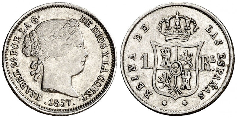 1857. Isabel II. Sevilla. 1 real. (AC. 326). 1,31 g. Escasa. MBC-.