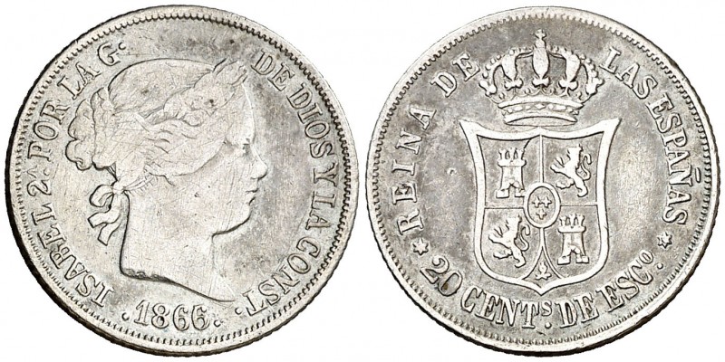 1866. Isabel II. Madrid. 20 céntimos de escudo. (AC. 404). 2,56 g. Rara, sólo he...