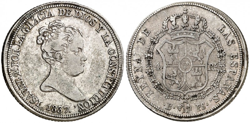 1837. Isabel II. Barcelona. PS. 4 reales. (AC. 411). 6 g. Escasa. MBC-.