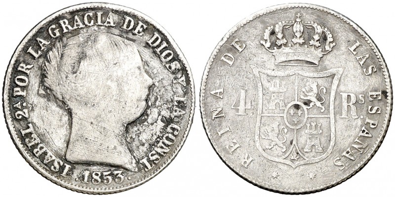 1853. Isabel II. Barcelona. 4 reales. (AC. 426). 5,07 g. Rayitas. (BC).