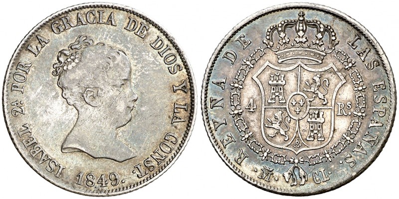 1849. Isabel II. Madrid. CL. 4 reales. (AC. 454). 5,26 g. MBC-/MBC.