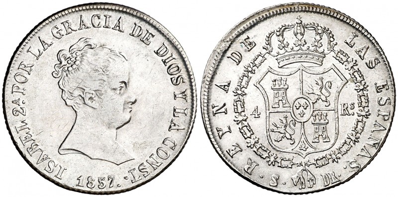 1837/77. Isabel II. Sevilla. DR. 4 reales. (AC. 473). 5,99 g. Rara rectificación...