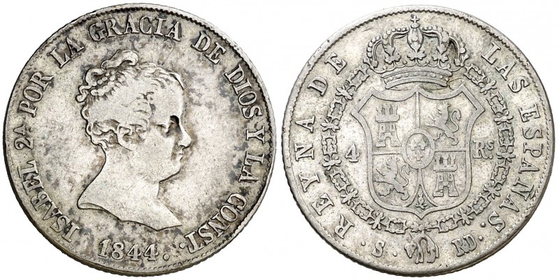 1844. Isabel II. Sevilla. RD. 4 reales. (AC. 483). 5,79 g. Manchitas. Rara. MBC-...