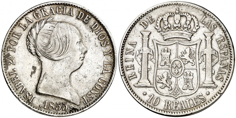 1855. Isabel II. Madrid. 10 reales. (AC. 531). 12,78 g. Limpiada. Muy rara. (MBC...