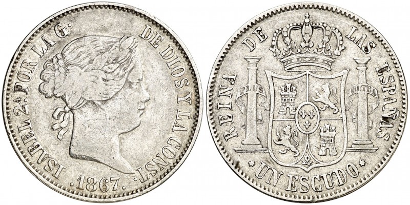 1867. Isabel II. Madrid. 1 escudo. (AC. 565). 12,89 g. MBC.