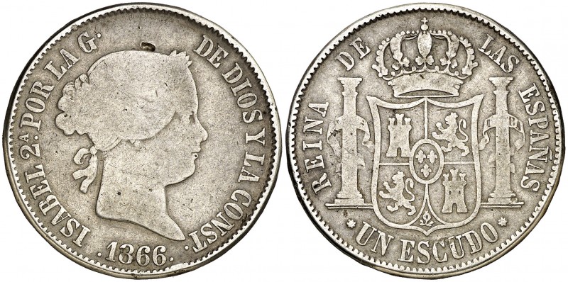 1866. Isabel II. Sevilla. 1 escudo. (AC. 568). 12,57 g. Pequeña incisión en anve...