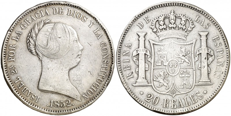 1852. Isabel II. Madrid. 20 reales. (AC. 594). 25,88 g. Golpes. (MBC-).