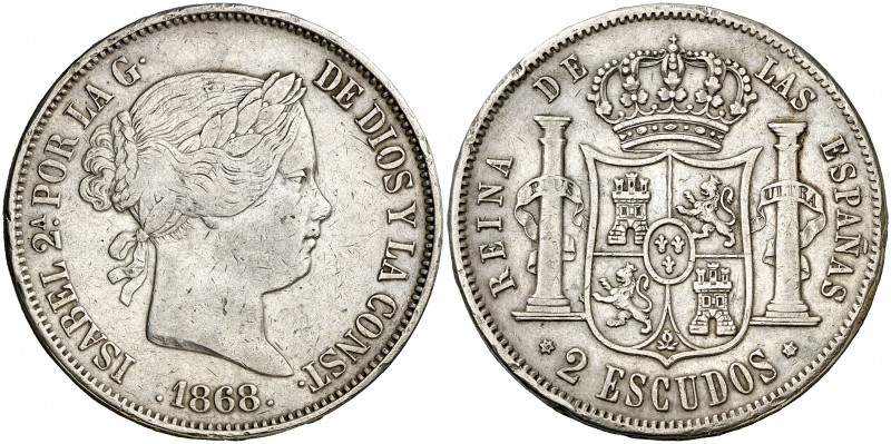 1868*1868. Isabel II. 2 escudos. (AC. 648). 25,61 g. Golpecitos. MBC.