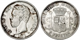 1871*1818. Amadeo I. SDM. 5 pesetas. (AC. 2). 24,88 g. Manchitas y rayitas. Rara. BC+.
