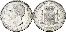 1875*1875. Alfonso XII. DEM. 5 pesetas. (AC. 35). 24,96 g. Rayitas. MBC-.