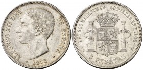 1876*1876. Alfonso XII. DEM. 5 pesetas. (AC. 37). 24,89 g. Pabellón de la oreja rayado. Leves marquitas. Buen ejemplar. EBC-.