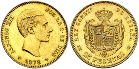 1878*1878. Alfonso XII. EMM. 25 pesetas. (AC. 71). 8,08 g. Leves rayitas. EBC-/EBC.