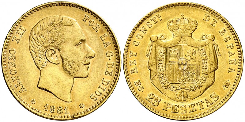 1881*1881. Alfonso XII. MSM. 25 pesetas. (AC. 82). 8,03 g. Golpe en canto. EBC-.