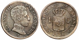 1906*6. Alfonso XIII. SMV. 1 céntimo. (AC. 1). 0,81 g. Golpecitos. Rara. MBC-.