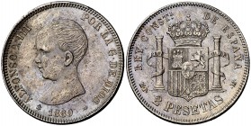 1889*1889. Alfonso XIII. MPM. 2 pesetas. (AC. 82). 9,96 g. Leves impurezas. Escasa. EBC-/MBC+.
