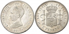 1891*1891. Alfonso XIII. PGM. 2 pesetas. (AC. 84). 10 g. Leves marquitas. Parte de brillo original. Escasa. MBC+.