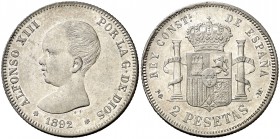 1892*1892. Alfonso XIII. PGM. 2 pesetas. (AC. 85). 10,01 g. Leves rayitas. Parte de brillo original. MBC+/MBC.