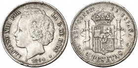 1894*1894. Alfonso XIII. PGV. 2 pesetas. (AC. 86). 9,96 g. Golpecitos. Escasa. MBC.