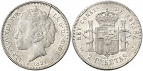 1894*189-. Alfonso XIII. PGV. 2 pesetas. (AC. 86). 10 g. Grieta. Leves golpecitos. Parte de brillo original. Escasa. EBC-/MBC+.