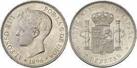 1896*1896. Alfonso XIII. PGV. 5 pesetas. (AC. 106). 25,01 g. Levemente frotada. MBC+.