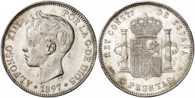 1897*1897. Alfonso XIII. SGV. 5 pesetas. (AC. 107). 24,86 g. Leves marquitas. Parte de brillo original. EBC-.