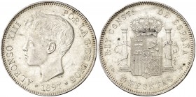 1897*1897. Alfonso XIII. SGV. 5 pesetas. (AC. 107). 25 g. Brillo original. EBC.