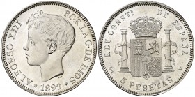 1899*1899. Alfonso XIII. SGV. 5 pesetas. (AC. 110). 25,06 g. Levísimas rayitas. Parte de brillo original. S/C-.
