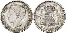 1899*-8--. Alfonso XIII. SGV. 5 pesetas. (Barrera 1370). 24,40 g. Falsa de época en plata. Escasa. MBC-/BC+.
