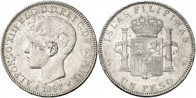 1897. Alfonso XIII. Manila. SGV. 1 peso. (AC. 122). 25,06 g. Rayitas. MBC-.