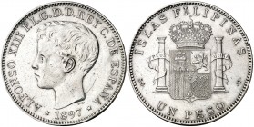 1897. Alfonso XIII. Manila. SGV. 1 peso. (AC. 122). 24,93 g. Limpiada. MBC.