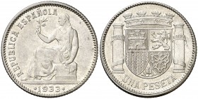 1933*34. II República. 1 peseta. (AC. 35). 5,03 g. Reverso girado 45º. Brillo original. EBC+.