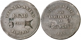 1886. Almería. Tienda-asilo. Bono de 10 céntimos. 9,86 g. Contramarca 5. MBC-.