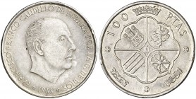1966*1967. Franco. 100 pesetas. (AC. 146). 18,82 g. La leyenda del canto comienza a las 3h del reloj. MBC.