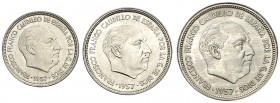 1957. Franco. BA (Barcelona). 5, 25 y 50 pesetas. (AC. 154 a 156). I Exposición Iberoamericana de Numismática y Medallística. 3 monedas, serie complet...