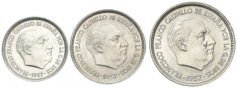 1957. Franco. BA (Barcelona). 5, 25 y 50 pesetas. (AC. 154 a 156). I Exposición ...
