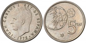 1975*80. Juan Carlos I. 5 pesetas. (AC. 40). 5,73 g. Error del Mundial. Escasa. EBC.