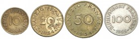 1954 y 1955. Alemania. Sarre. 10, 20, 50 y 100 francos. (Kr. 1 a 4). Serie de 4 monedas. Escasas. MBC/MBC+.