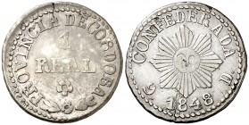 1848. Argentina. Córdoba. 1 real. (Kr. 26.1). 3,48 g. AG. Pequeña grieta. (MBC+).