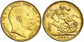 1902. Australia. Eduardo VII. P (Perth). 1 libra. (Fr. 34) (Kr. 15). 7,96 g. AU. Hojita. MBC/MBC+.
