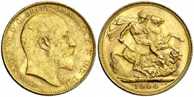 1904. Australia. Eduardo VII. P (Perth). 1 libra. (Fr. 34) (Kr. 15). 7,97 g. AU. Golpecitos. MBC+.